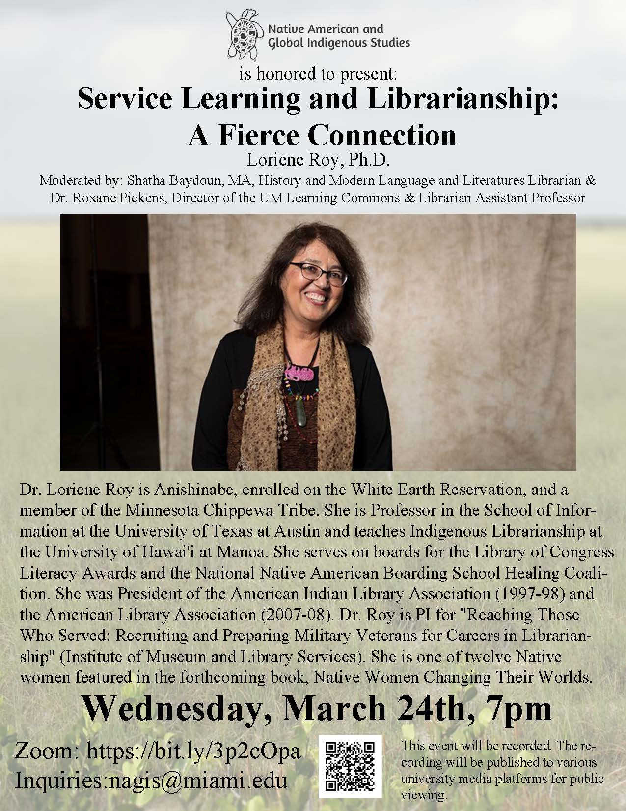 This is the flyer for the lecture with Loriene Roy on March 24, 2021.