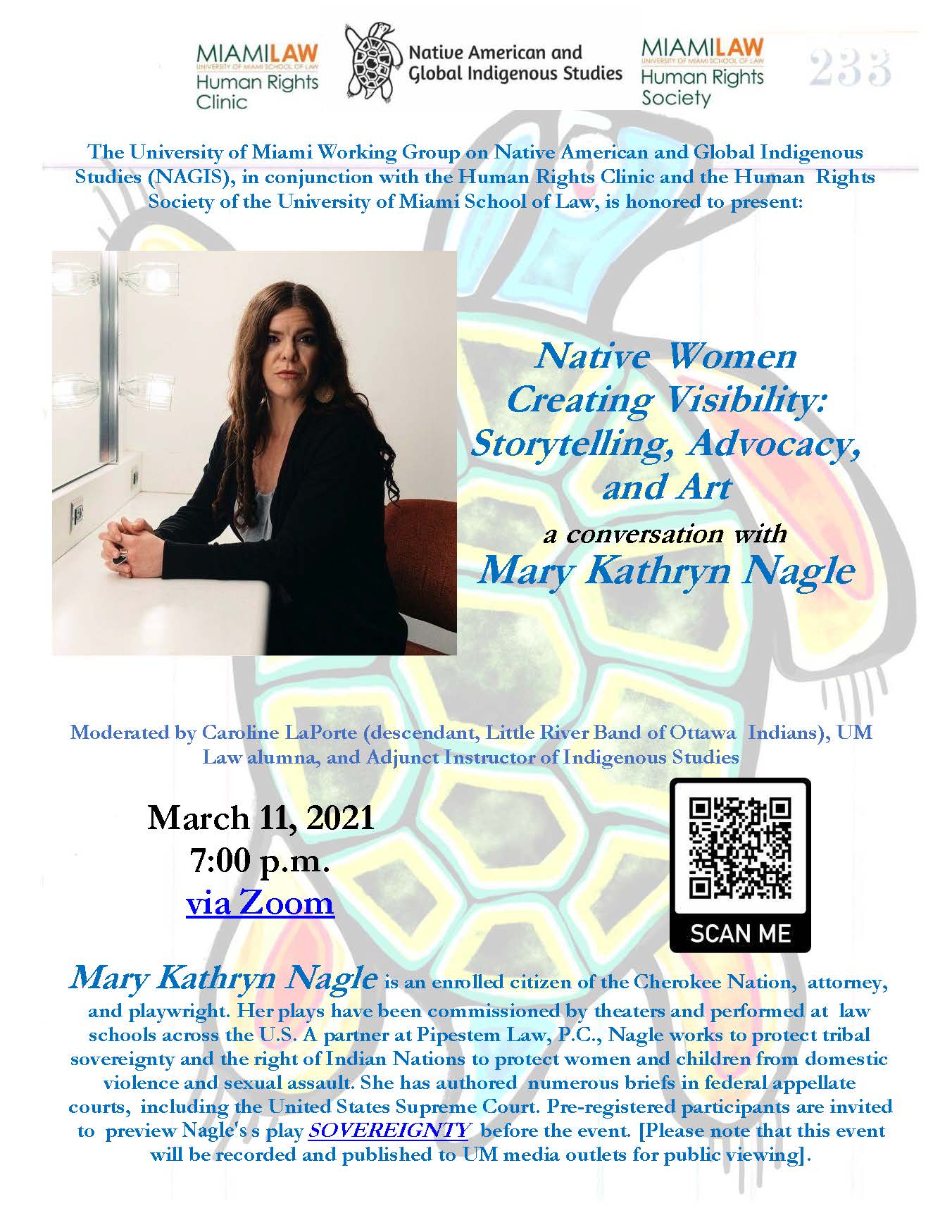 This is a flyer for the virtual discussion with Mary Kathryn Nagle.